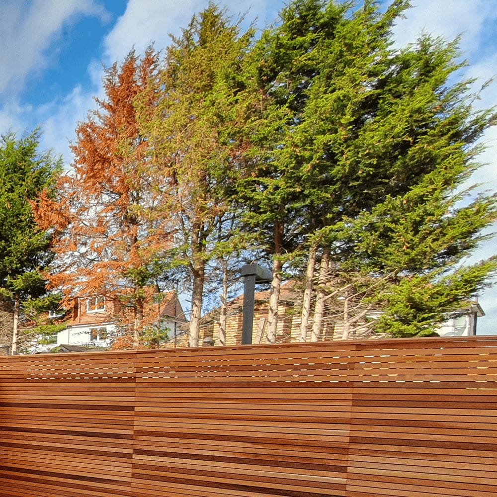 A Canadian Red Cedar fence panel in front of a gorgeous gradient of trees. By contemporary fencing.