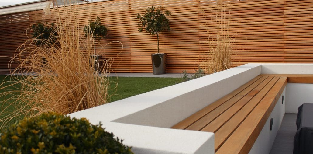 contemporary garden bench with cequence fencing