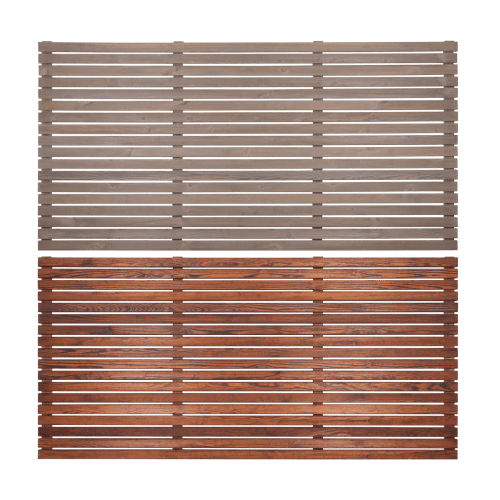 Colourguard slatted fencing panels in driftwood grey and warm teak colour